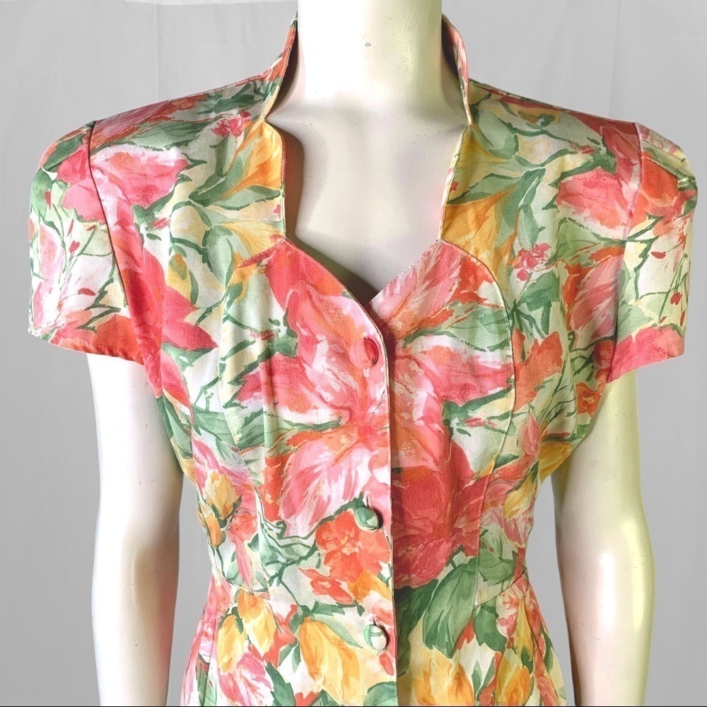 VINTAGE GARDANIA PARIS FLORAL  MULTICOLOUR BUTTON UP DRESS SHORT SLEEVES MEDIUM - Picture 14 of 17